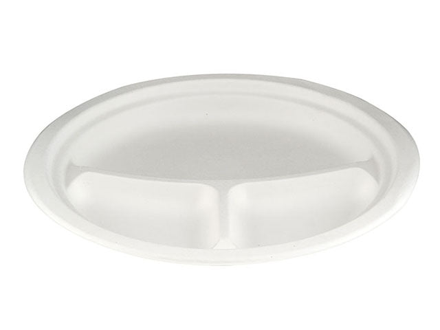 White Compostable Bagasse 3-Compartment Plate - 260mm - Reed Pulp